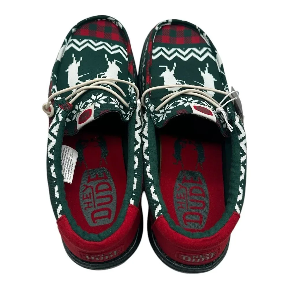 Hey Dude Wally‎ Holiday Cheers Slip On Loafers Mens 8 Green Christmas Deer Print
